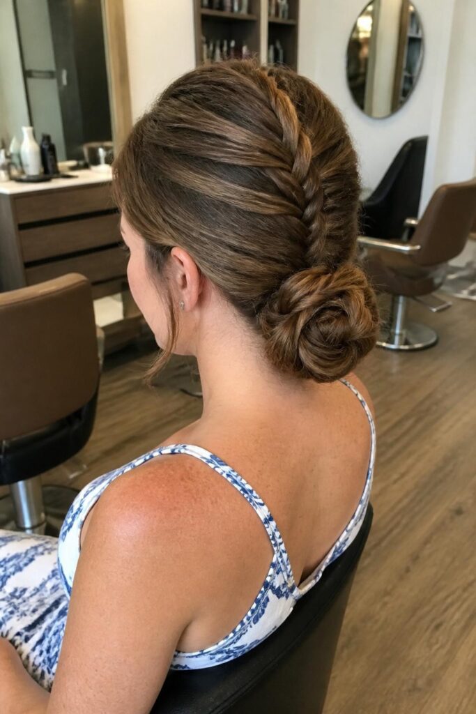 Low bun with fishtail braid