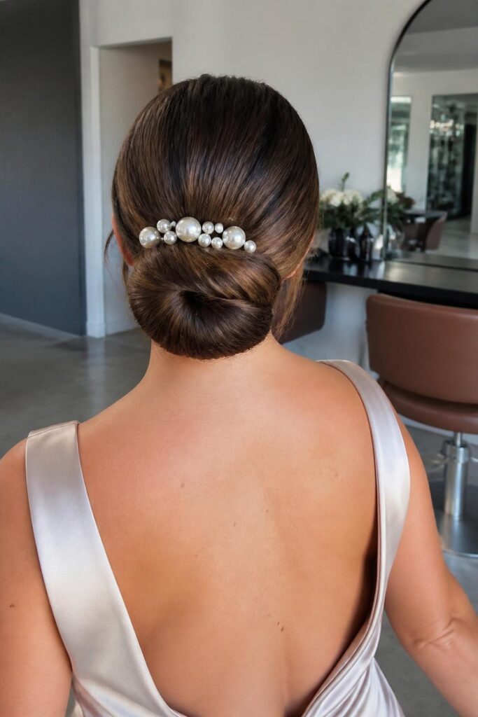 Low bun with pearl pins