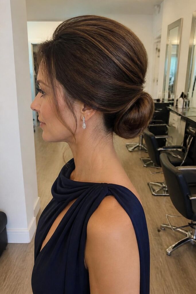 Low bun with volume at crown