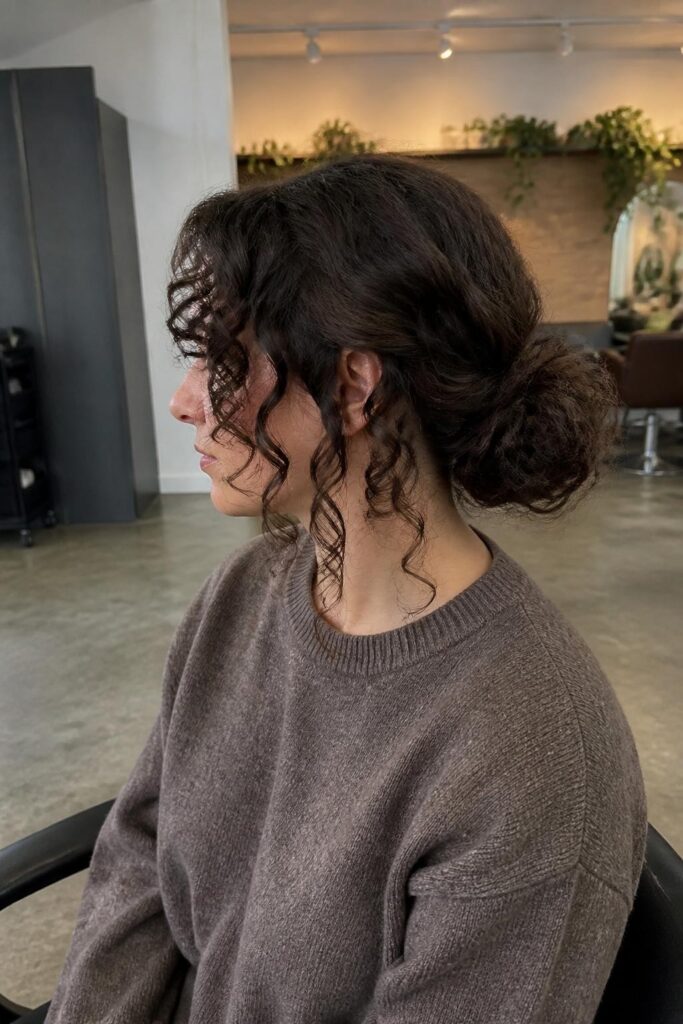 Low messy bun with curly tendrils