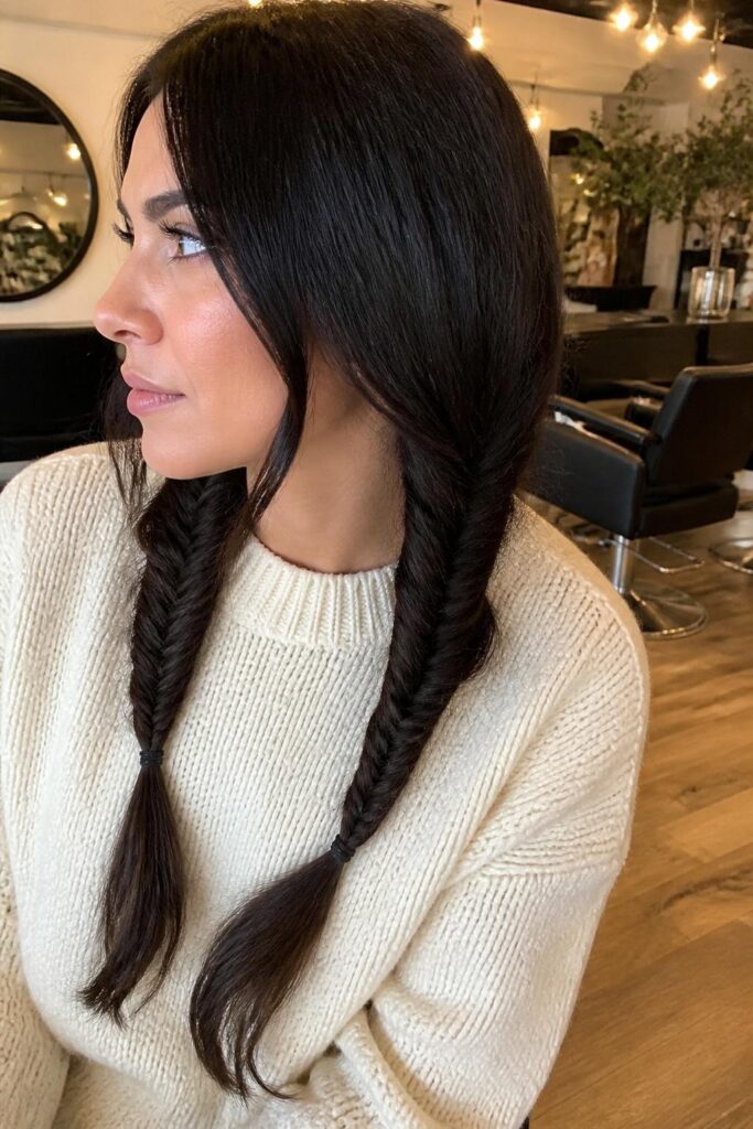 Low pigtails with fishtail braids