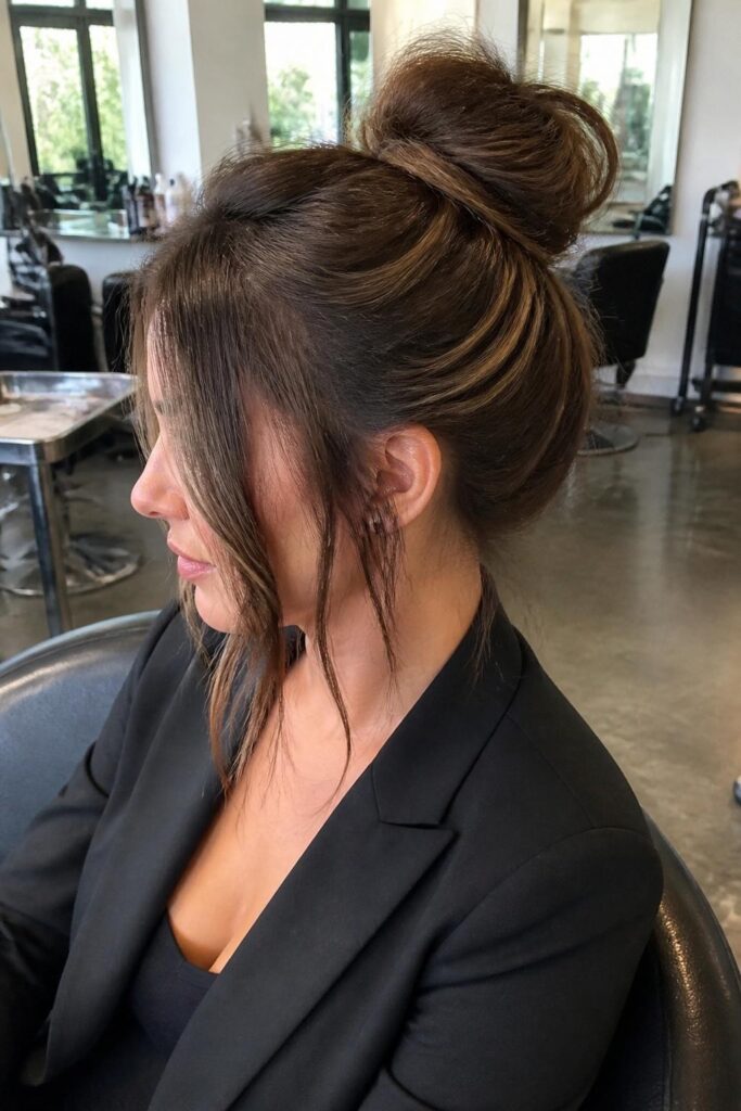 Messy bun with face-framing pieces