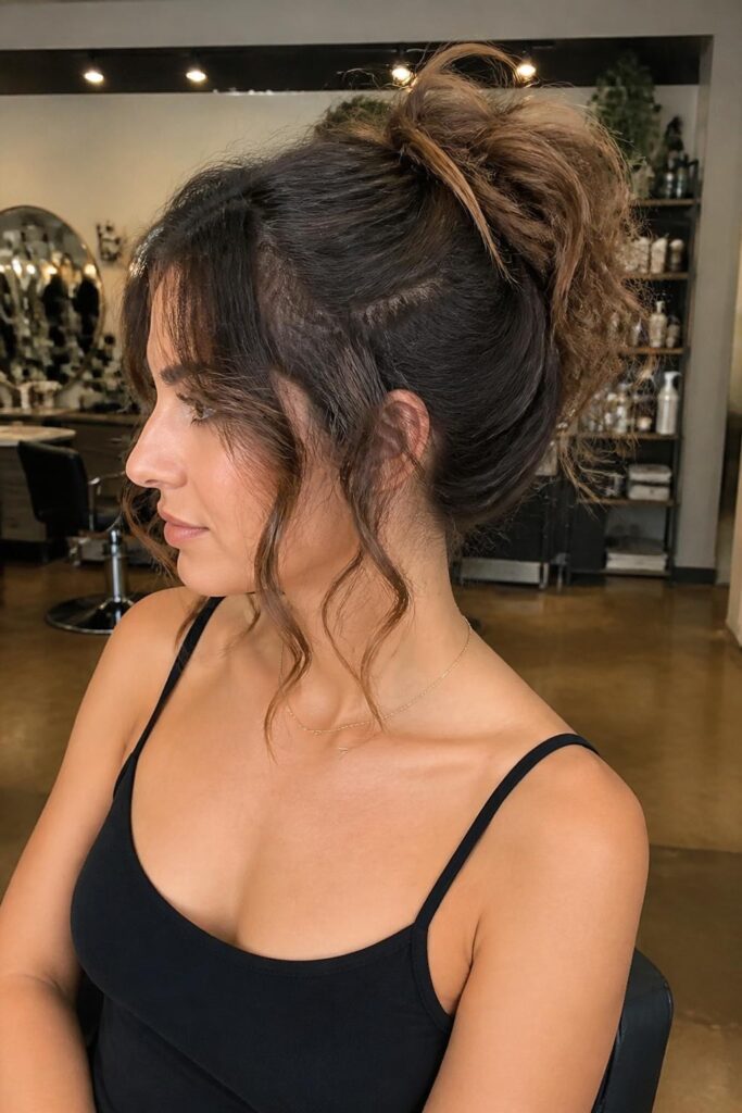 Messy bun with wavy tendrils
