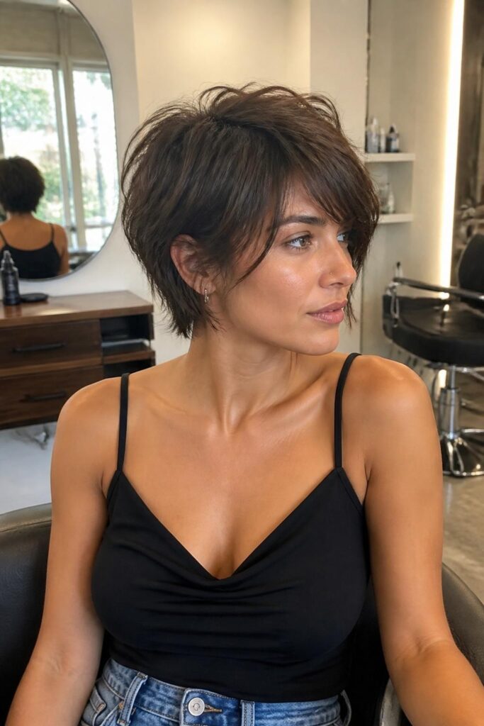 Messy pixie bob with wispy side bangs