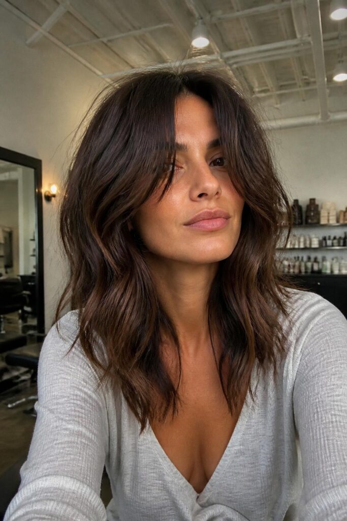 Messy textured layers with curtain bangs
