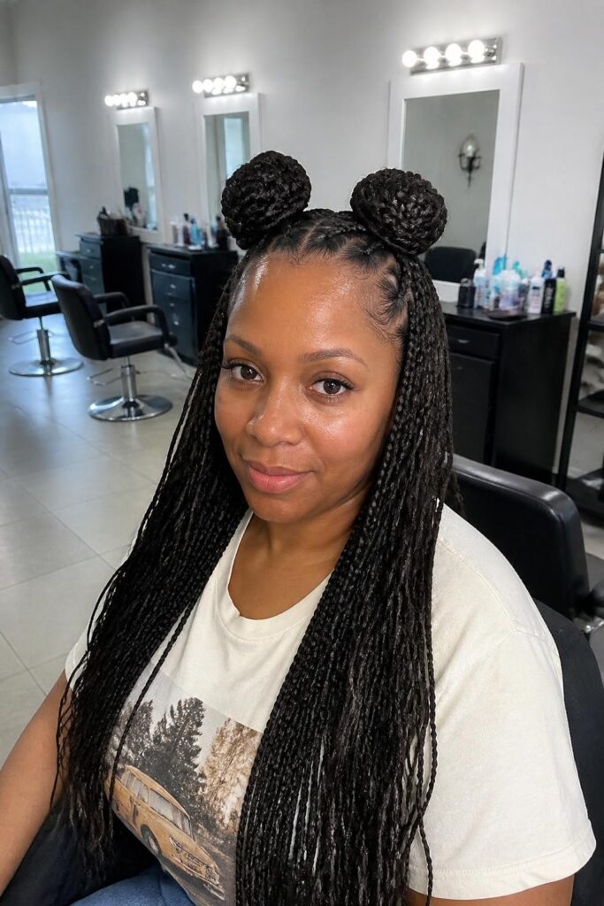Micro braids half up space buns