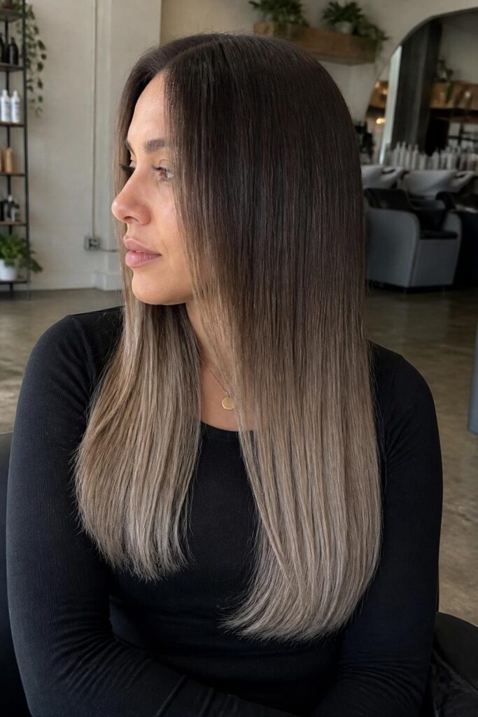Mushroom brown with dark roots and ash ends