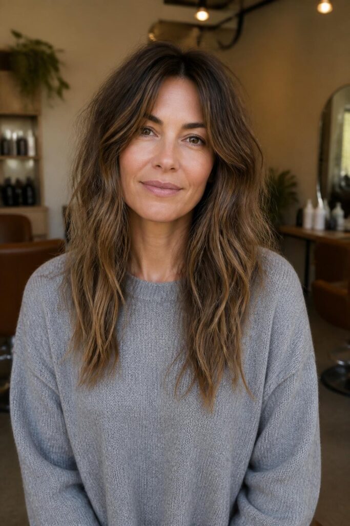 Oval face shaggy long cut with tousled texture 683x1024 1