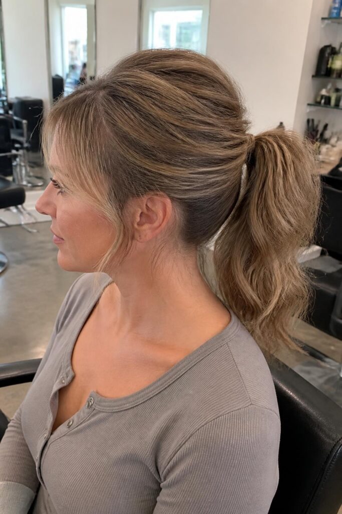 Ponytail with a teased base and soft waves