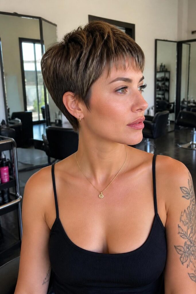 Razor-cut pixie bob with feathered micro bangs