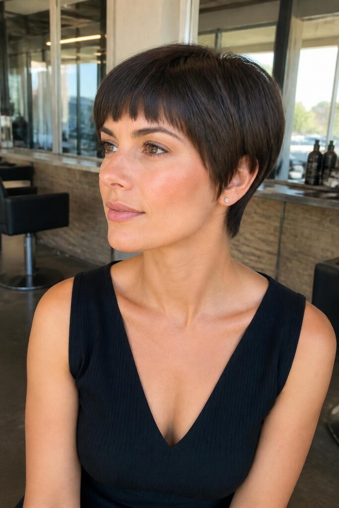 Short pixie bob with blunt bangs