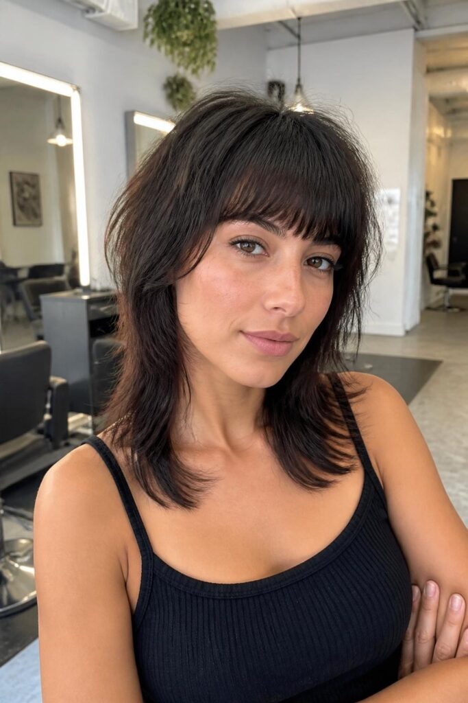 Short wolf cut with blunt fringe