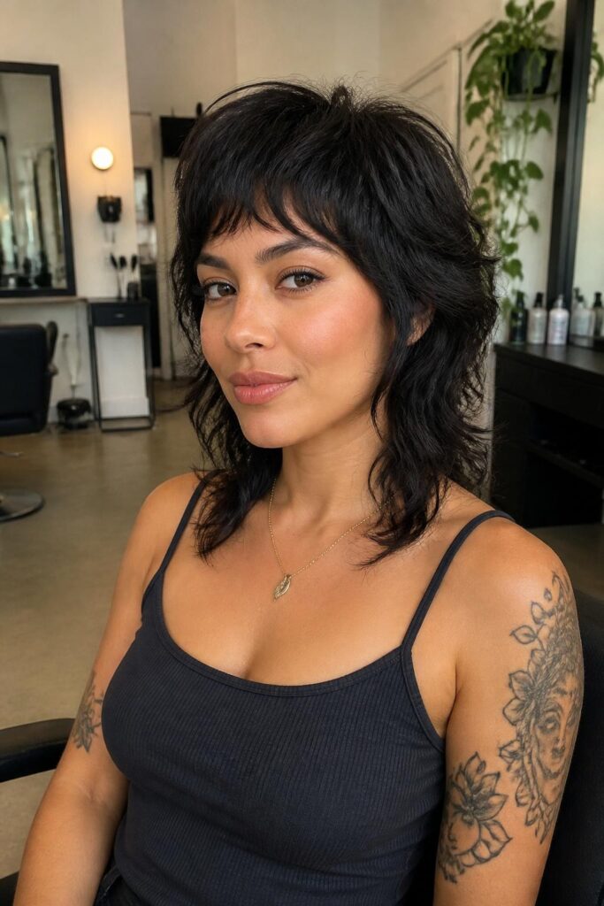 Short wolf cut with side-swept micro bangs