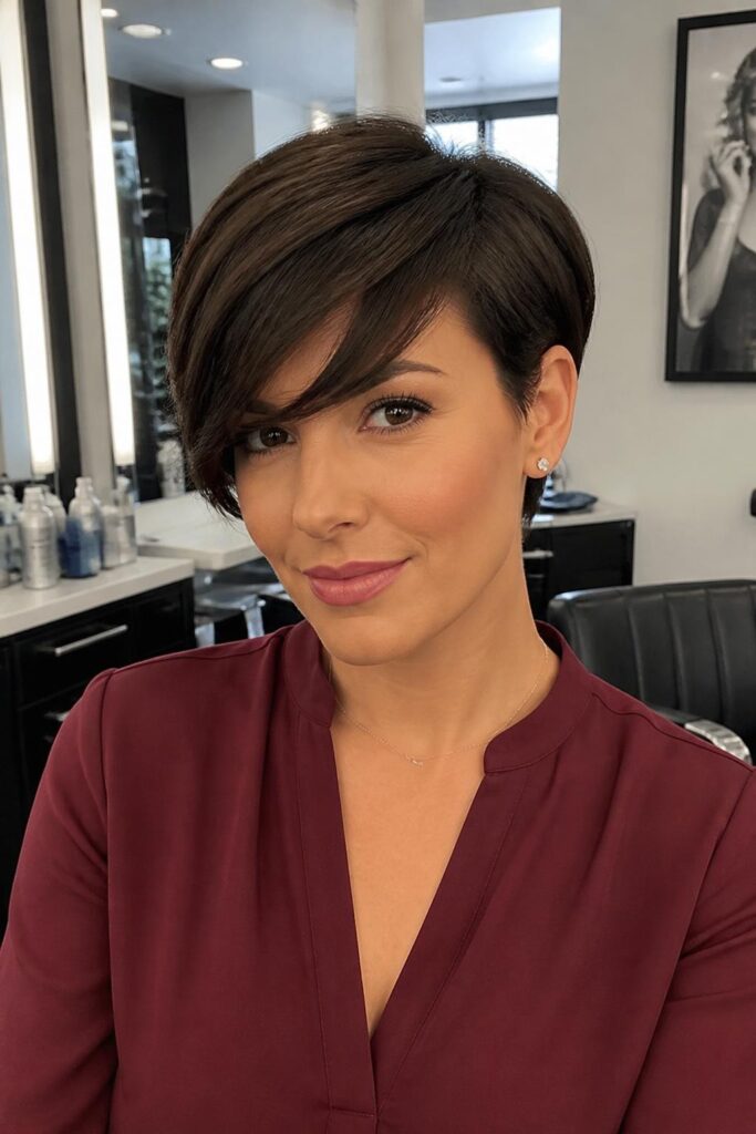 Side-swept bangs with sleek pixie bob
