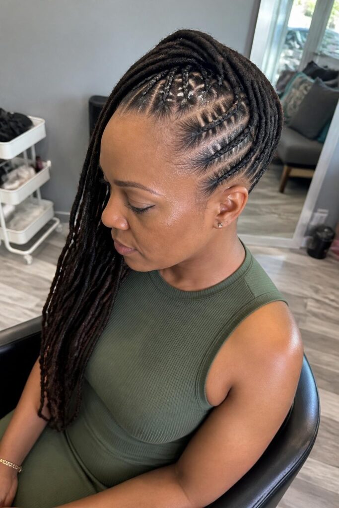 Side-swept cornrow rasta ponytail
