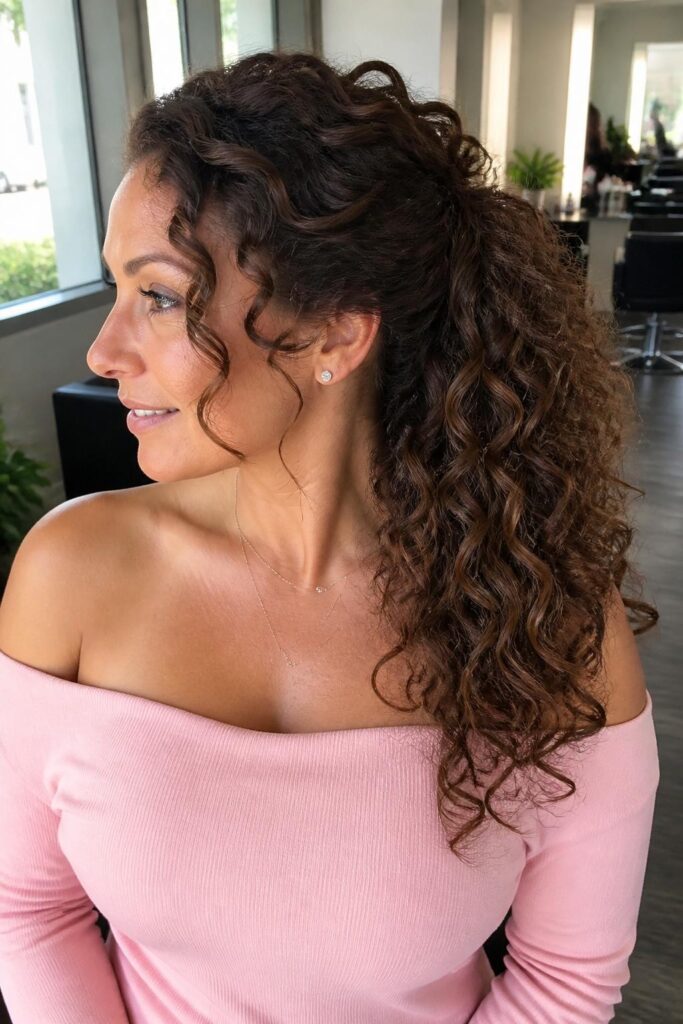 Side-swept half pony with curls