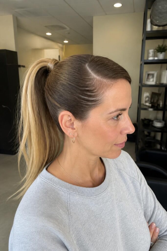Sleek high ponytail with a deep side part