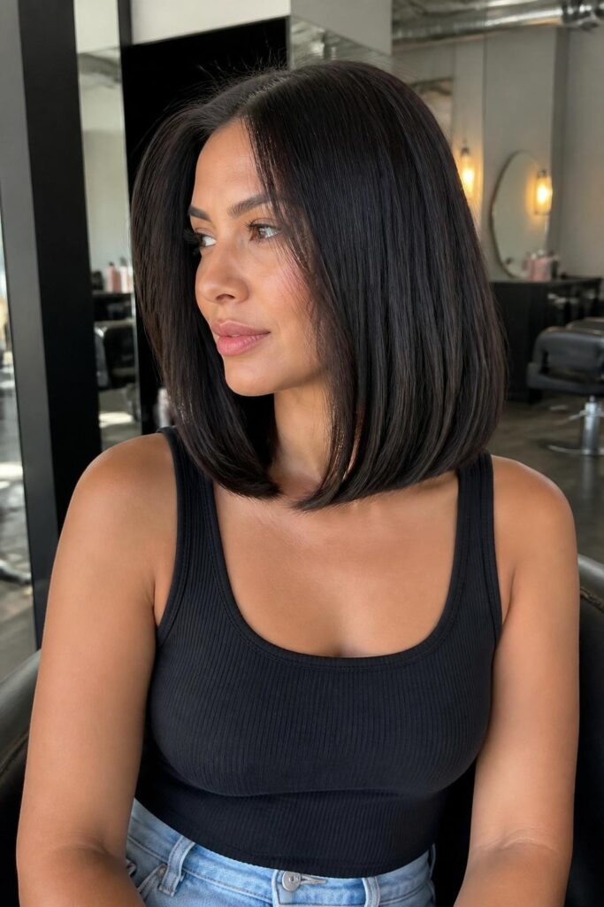 Sleek long bob with slight underbite curl