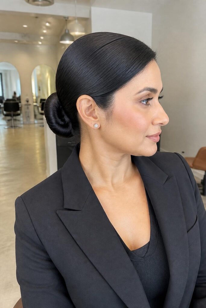 Sleek low bun with part