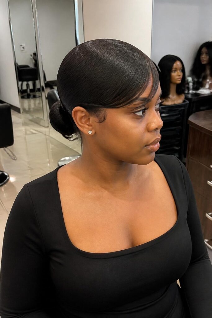 Sleek low bun with swept bangs