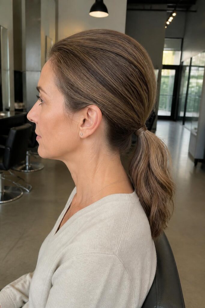 Sleek low ponytail with volume at the crown