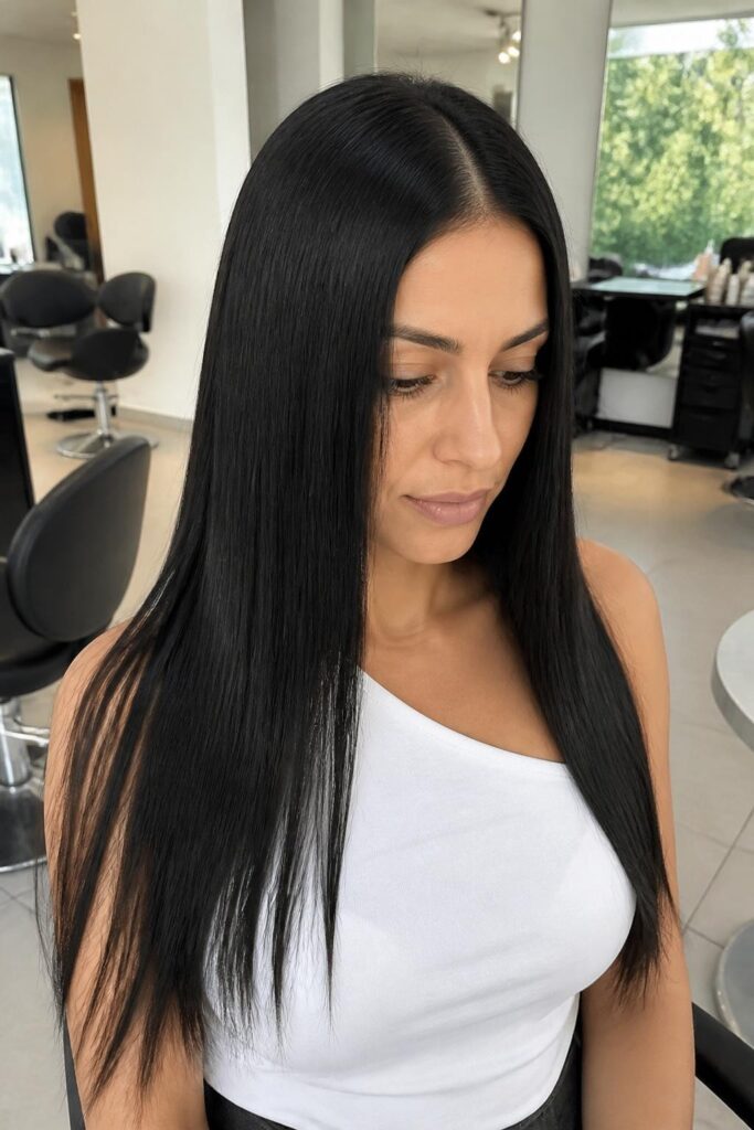 Sleek middle part with straight hair