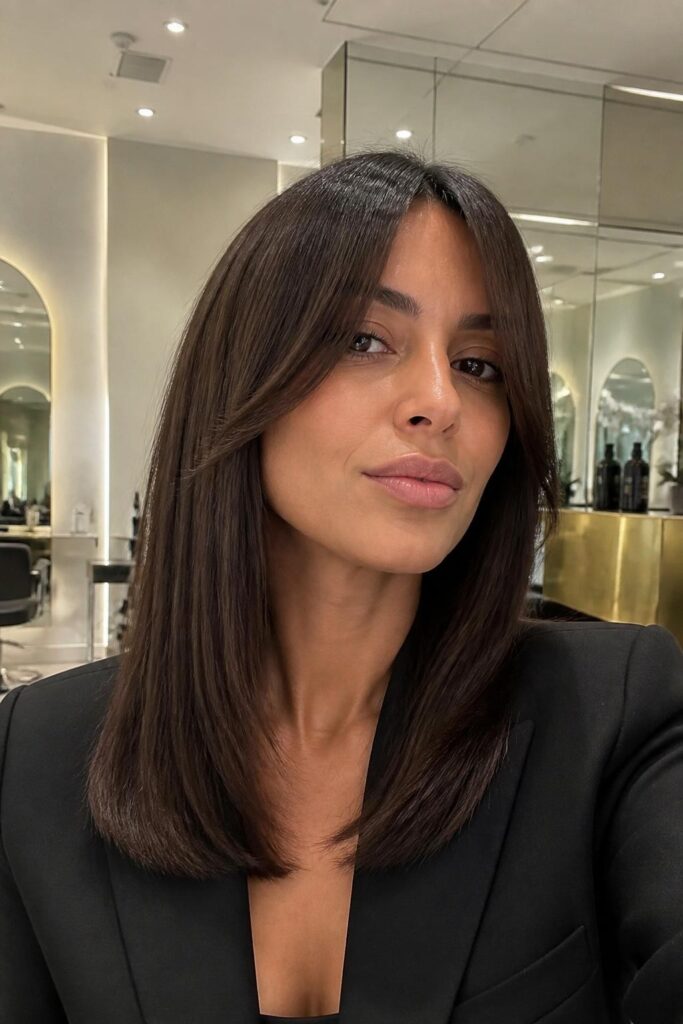 Sleek straight layers with curtain bangs