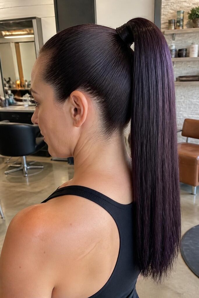 Sleek straight purple ponytail