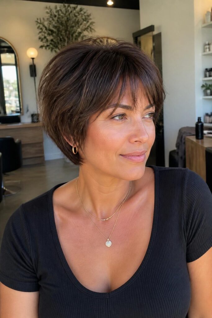 Soft layered pixie bob with feathered bangs