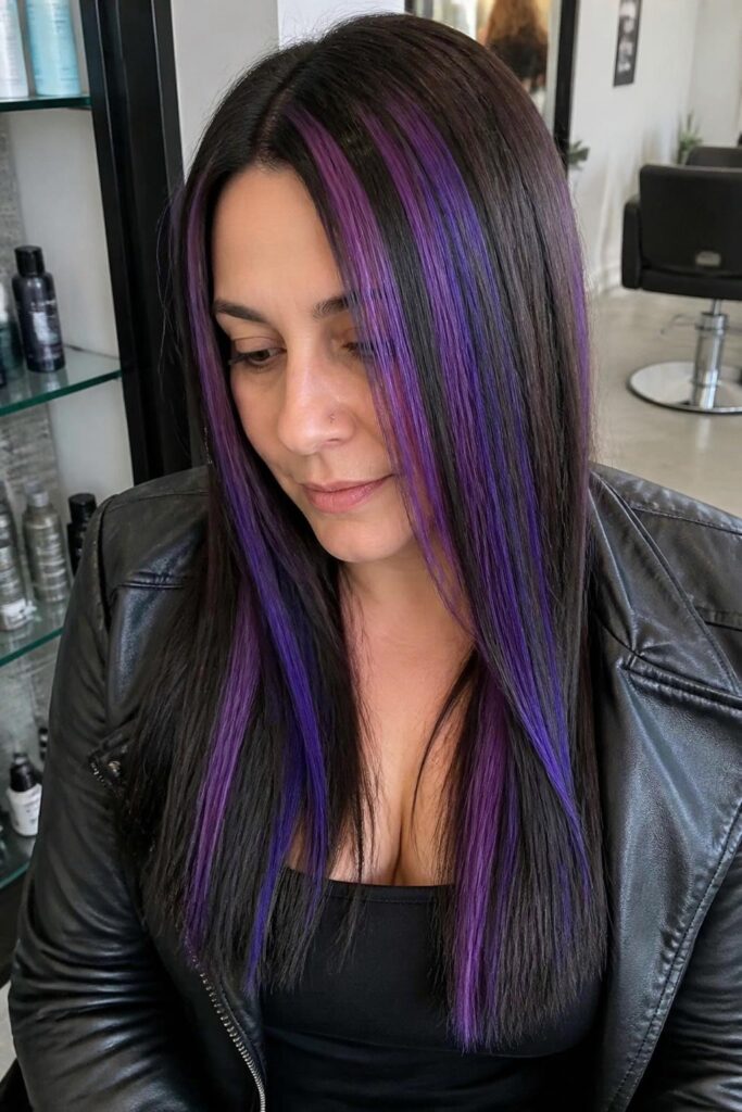 Straight hair with chunky purple streaks
