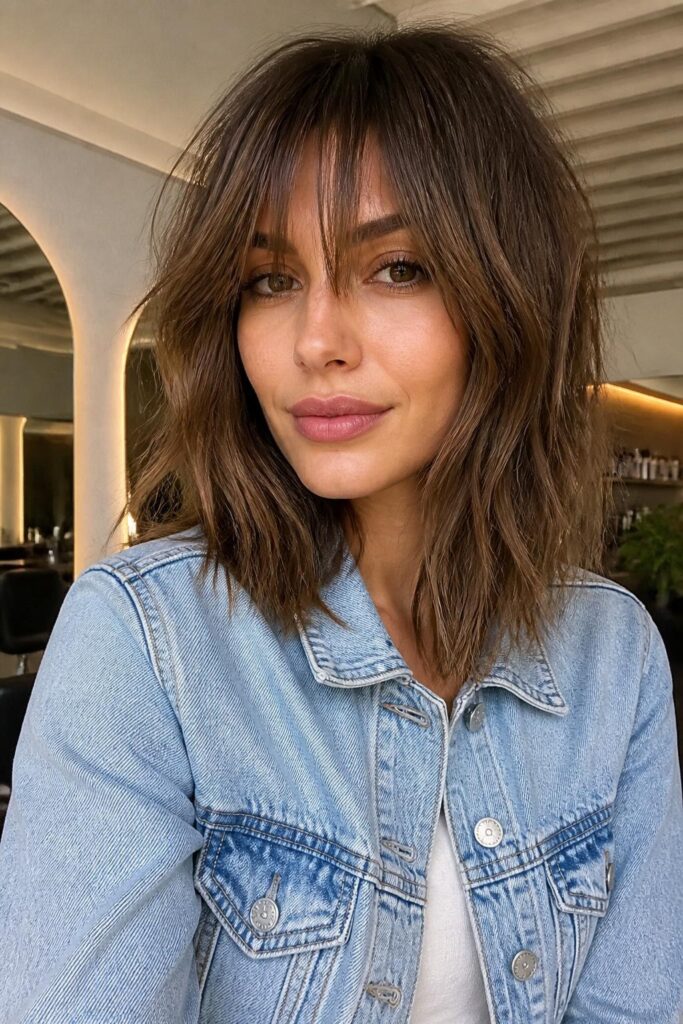 Textured long bob with curtain bangs