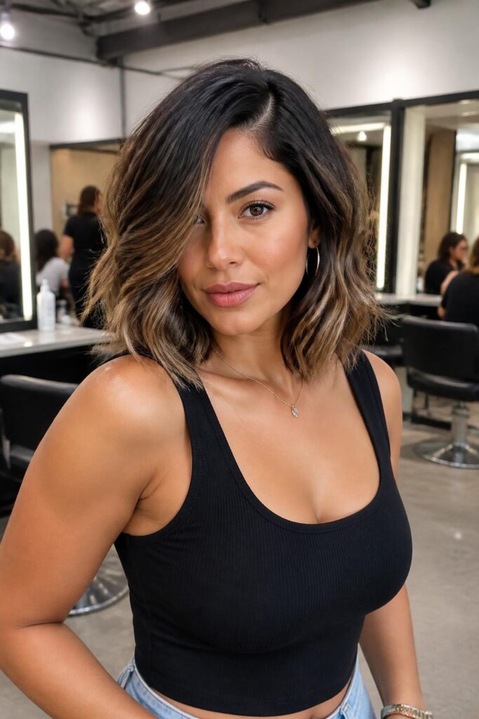 Textured long bob with off-center part