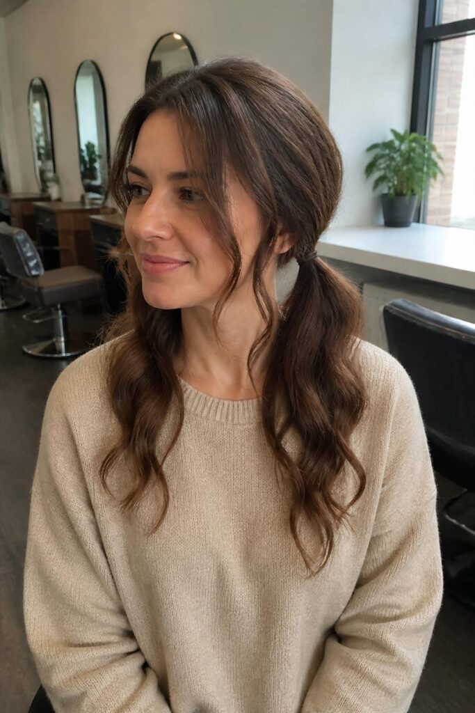 Textured low pigtails with curls