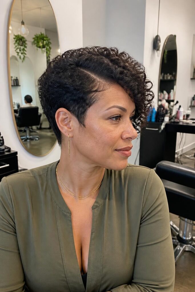 The curly pixie with side part
