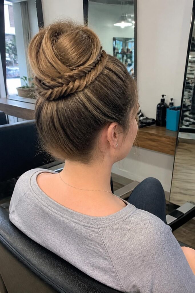 The high bun with fishtail braid accent
