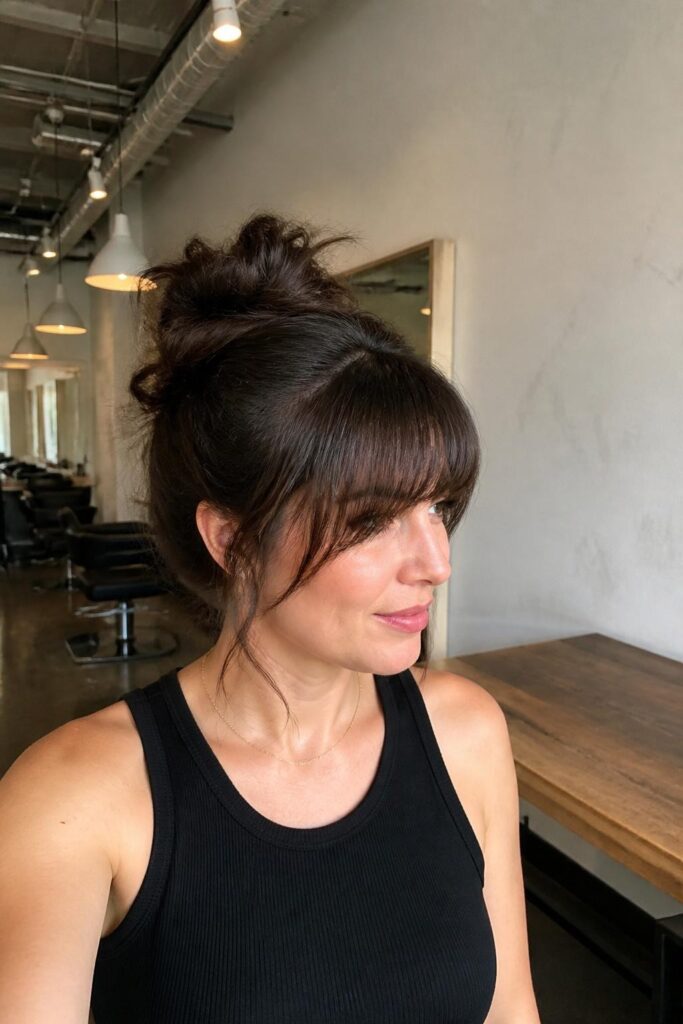 The messy high bun with wispy bangs
