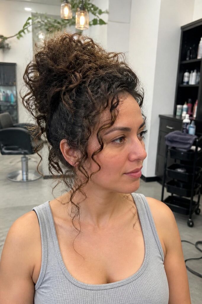 The textured high bun for curly hair