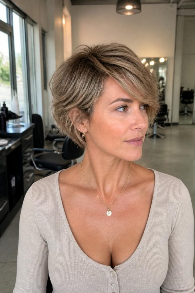Tousled pixie bob with side fringe for fine hair