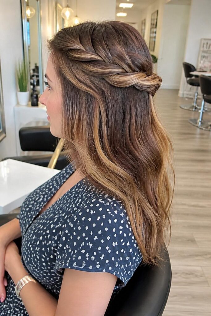 Twisted crown braid half up