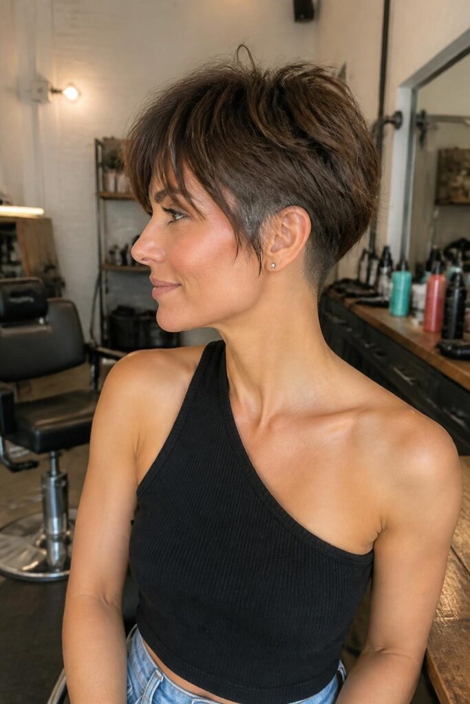 Undercut pixie bob with wispy bangs