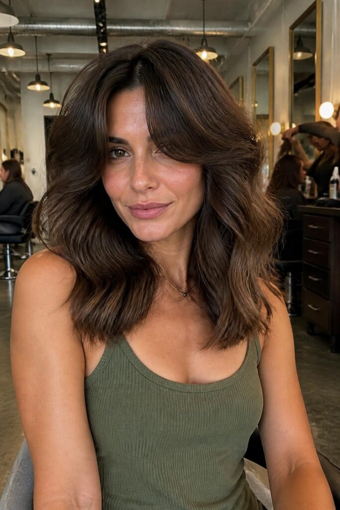 Wavy layers with curtain bangs for thick hair