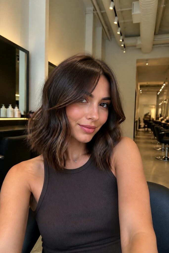 Wavy lob with curtain bangs