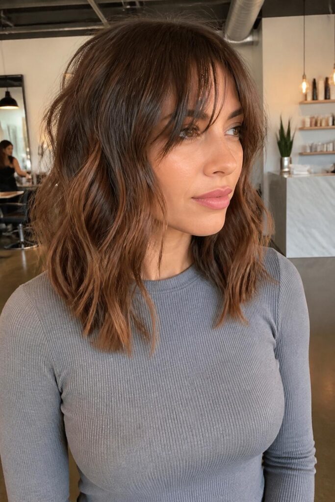Wavy long bob with curtain bangs