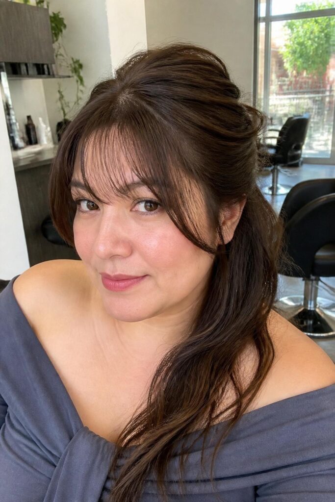 Wispy bangs with a half-up style