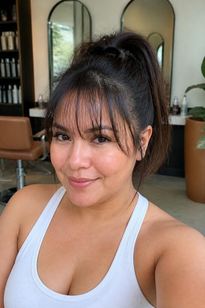 Wispy bangs with a high ponytail