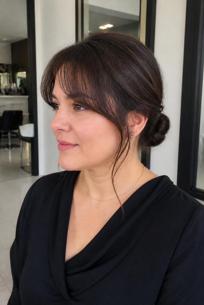 Wispy bangs with a low bun