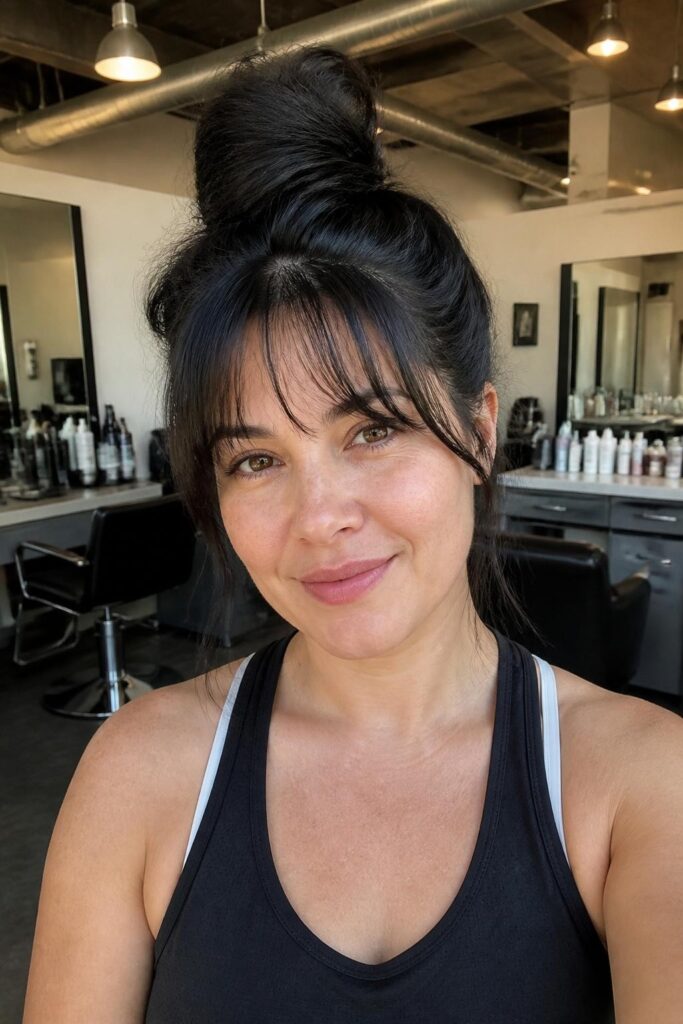 Wispy bangs with a top knot