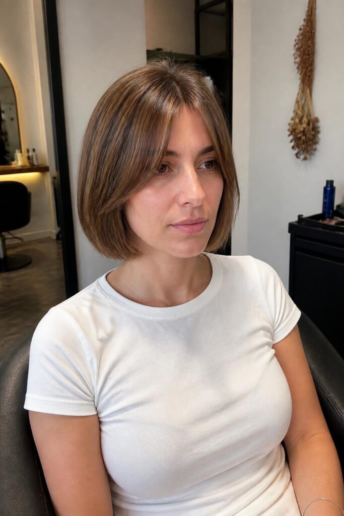 1. Blunt bob with curtain bangs