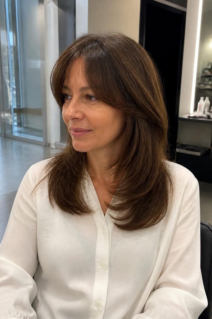 1. Classic long wolf cut with curtain bangs