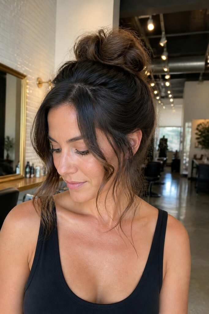1. Messy bun with face framing waves